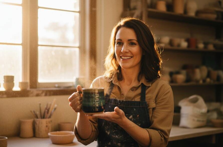 A dynamic, epic moment photograph featuring a local Blackburn business owner passionately presenting their unique product, captured by Blackburn Professional Commercial Photography for Local Brands, with dramatic lighting highlighting their brand story.
