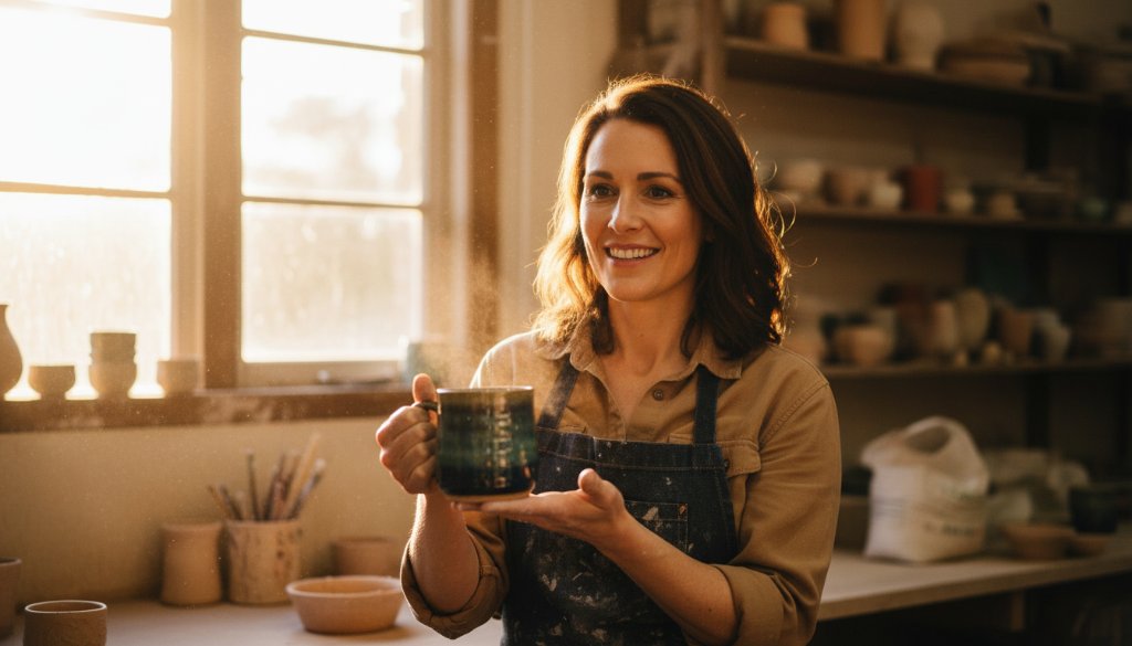 A dynamic, epic moment photograph featuring a local Blackburn business owner passionately presenting their unique product, captured by Blackburn Professional Commercial Photography for Local Brands, with dramatic lighting highlighting their brand story.