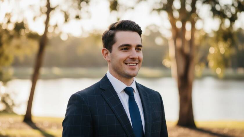 A charismatic professional in Blackburn smiles confidently, illuminated by warm, golden hour light filtering through eucalyptus trees in a styled outdoor setting, embodying 'Blackburn professional headshots with personality' for their personal brand.