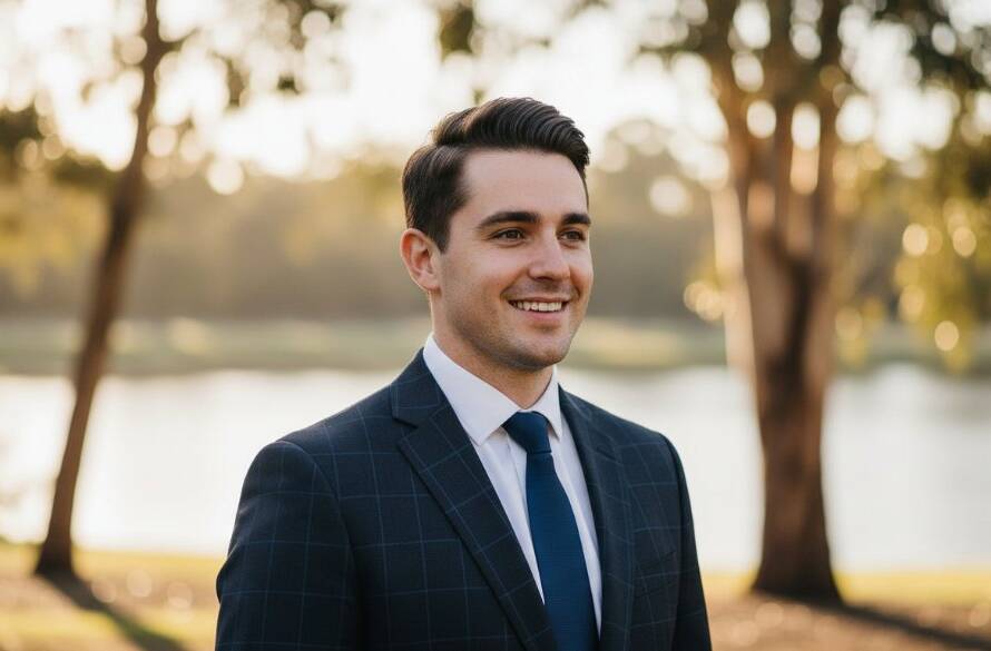 A charismatic professional in Blackburn smiles confidently, illuminated by warm, golden hour light filtering through eucalyptus trees in a styled outdoor setting, embodying 'Blackburn professional headshots with personality' for their personal brand.