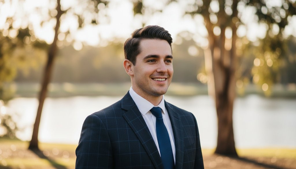 A charismatic professional in Blackburn smiles confidently, illuminated by warm, golden hour light filtering through eucalyptus trees in a styled outdoor setting, embodying 'Blackburn professional headshots with personality' for their personal brand.