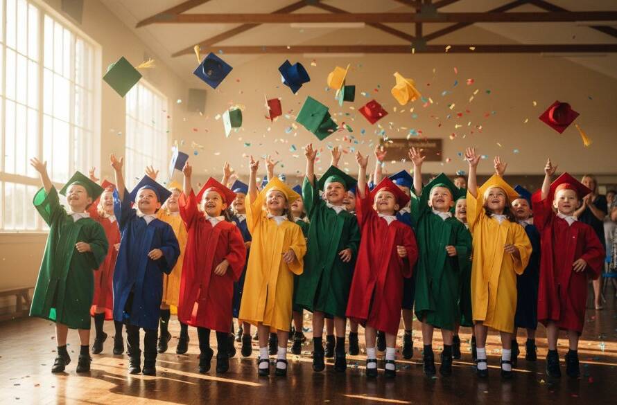A vibrant, professionally color-graded wide-shot capturing the joy of students graduating in a sun-drenched Blackburn school hall, embodying Blackburn school photography capturing cherished student milestones.