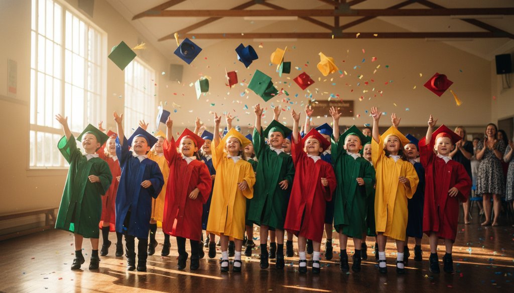 A vibrant, professionally color-graded wide-shot capturing the joy of students graduating in a sun-drenched Blackburn school hall, embodying Blackburn school photography capturing cherished student milestones.