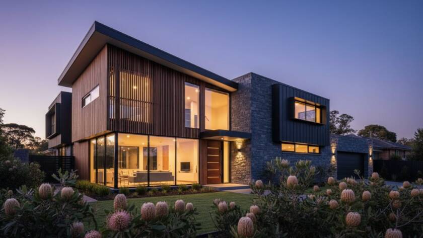 A stunning wide-angle shot of a contemporary home in Blackburn South at dusk, showcasing warm interior lights against a cool twilight sky, representing expert Blackburn South architectural photography capturing local design, framed by subtle native Australian plants.