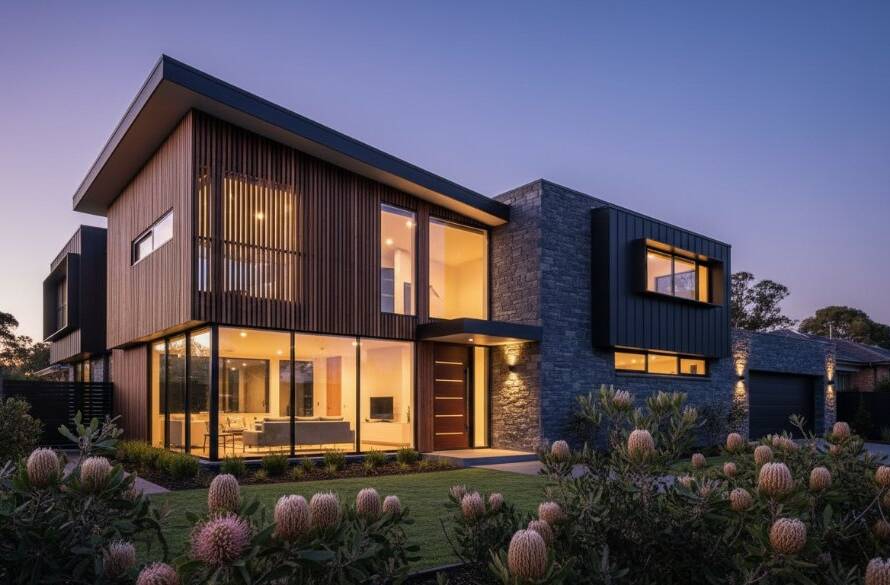 A stunning wide-angle shot of a contemporary home in Blackburn South at dusk, showcasing warm interior lights against a cool twilight sky, representing expert Blackburn South architectural photography capturing local design, framed by subtle native Australian plants.