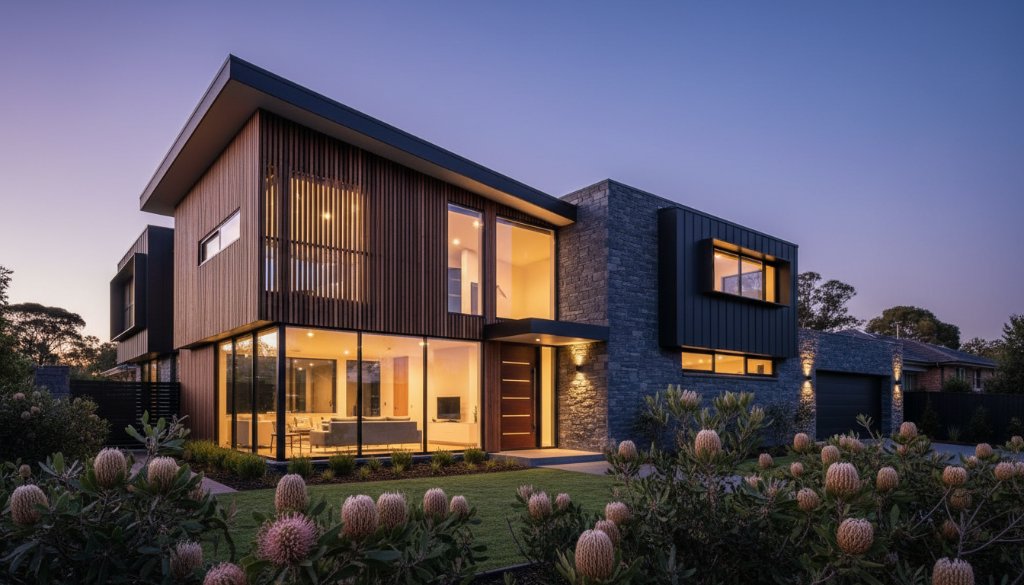 A stunning wide-angle shot of a contemporary home in Blackburn South at dusk, showcasing warm interior lights against a cool twilight sky, representing expert Blackburn South architectural photography capturing local design, framed by subtle native Australian plants.