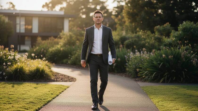 Dramatic portrait of a male architect striding through a park in Blackburn South, bathed in golden hour light, reflecting success and authenticity, for 'Blackburn South Authentic Branding Photos'.