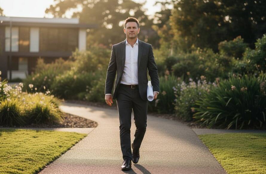 Dramatic portrait of a male architect striding through a park in Blackburn South, bathed in golden hour light, reflecting success and authenticity, for 'Blackburn South Authentic Branding Photos'.