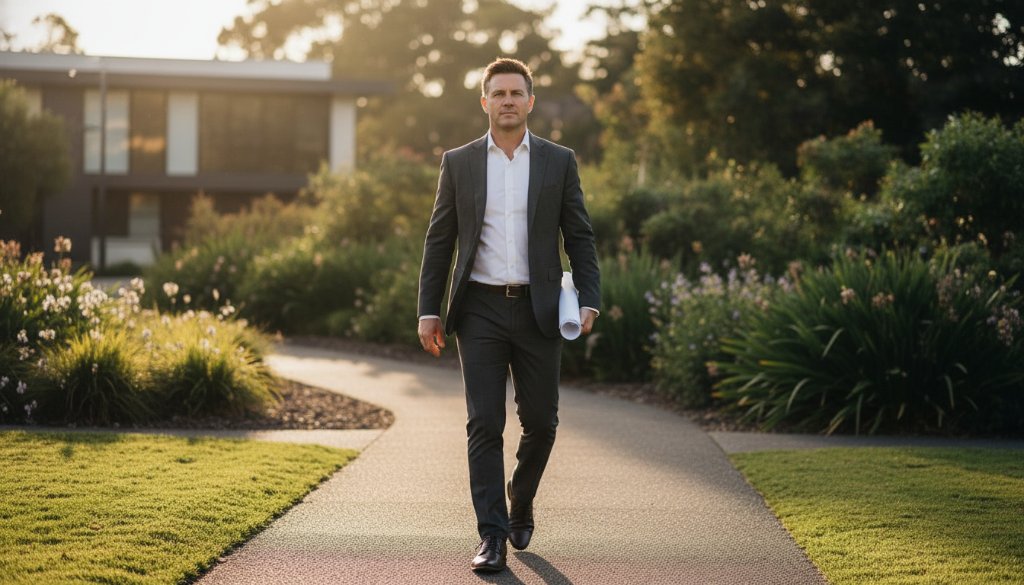 Dramatic portrait of a male architect striding through a park in Blackburn South, bathed in golden hour light, reflecting success and authenticity, for 'Blackburn South Authentic Branding Photos'.