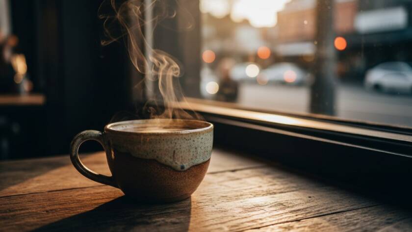 A dramatic, cinematic shot showcasing Blackburn South bespoke advertising photography, featuring a beautifully lit artisanal coffee cup with steam rising, set against a blurred, vibrant local cafe interior in Blackburn South at golden hour, capturing an 'epic moment' of brand elevation.