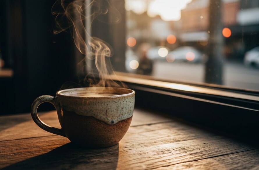 A dramatic, cinematic shot showcasing Blackburn South bespoke advertising photography, featuring a beautifully lit artisanal coffee cup with steam rising, set against a blurred, vibrant local cafe interior in Blackburn South at golden hour, capturing an 'epic moment' of brand elevation.