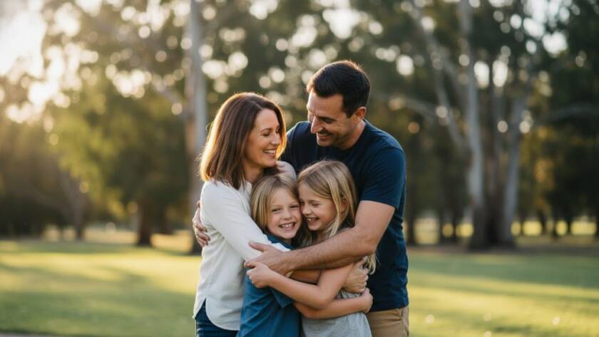 A dramatic, cinematic fine art portrait of a family laughing joyfully amidst the golden hour light in a lush park in Blackburn South, Victoria, capturing a truly bespoke moment.