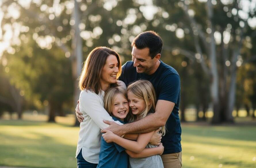 A dramatic, cinematic fine art portrait of a family laughing joyfully amidst the golden hour light in a lush park in Blackburn South, Victoria, capturing a truly bespoke moment.