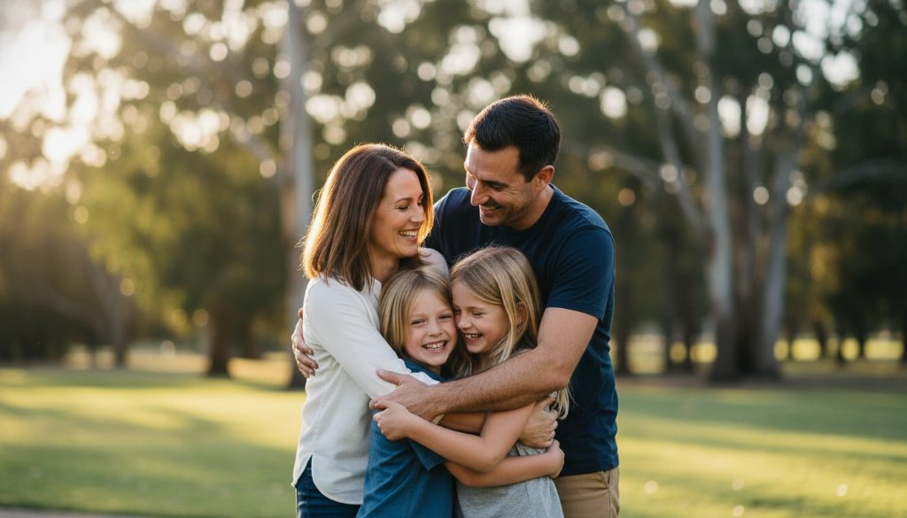 A dramatic, cinematic fine art portrait of a family laughing joyfully amidst the golden hour light in a lush park in Blackburn South, Victoria, capturing a truly bespoke moment.