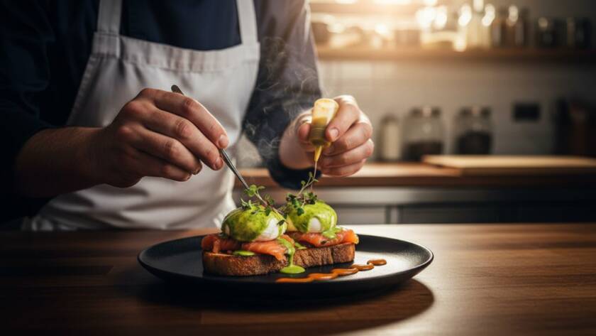 Dramatic close-up of a perfectly plated gourmet brunch dish, steaming gently, on a rustic timber table inside a sunlit Blackburn South cafe, highlighting professional Blackburn South Cafe Food Photography Melbourne with artistic flair and warm, inviting colours.