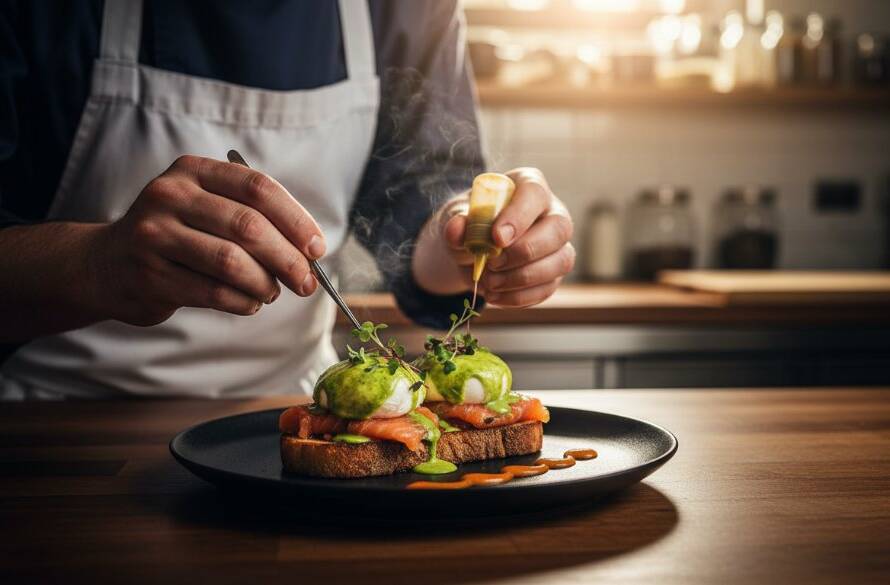 Dramatic close-up of a perfectly plated gourmet brunch dish, steaming gently, on a rustic timber table inside a sunlit Blackburn South cafe, highlighting professional Blackburn South Cafe Food Photography Melbourne with artistic flair and warm, inviting colours.