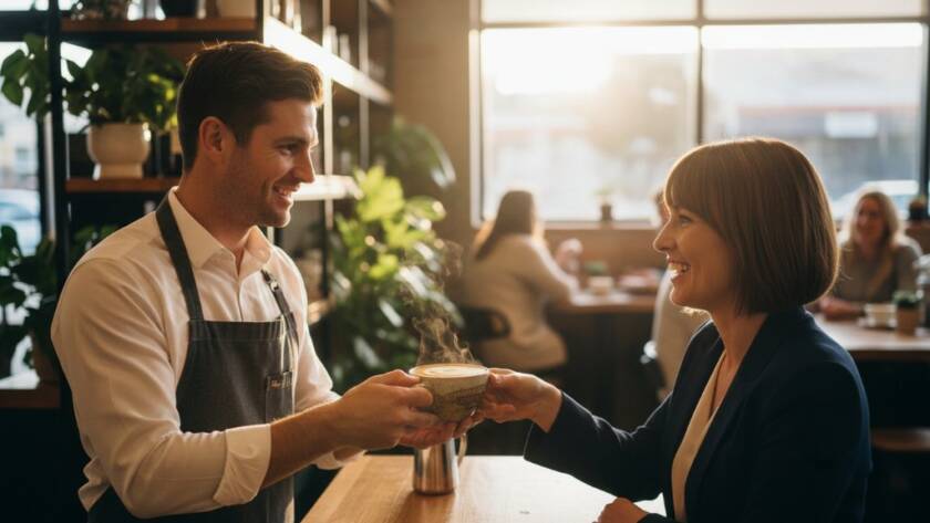 An epic moment captured in Blackburn South, showing a local café owner proudly presenting a perfectly crafted latte to a smiling customer, bathed in warm, cinematic morning light. The scene highlights the professionalism and community spirit fostered by Blackburn South commercial photography impact, with natural textures and vibrant colours.