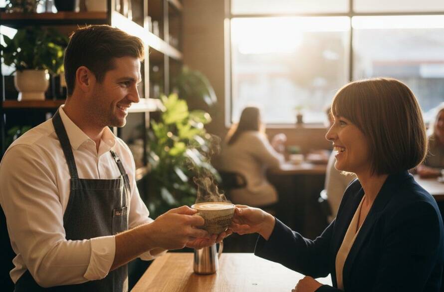 An epic moment captured in Blackburn South, showing a local café owner proudly presenting a perfectly crafted latte to a smiling customer, bathed in warm, cinematic morning light. The scene highlights the professionalism and community spirit fostered by Blackburn South commercial photography impact, with natural textures and vibrant colours.
