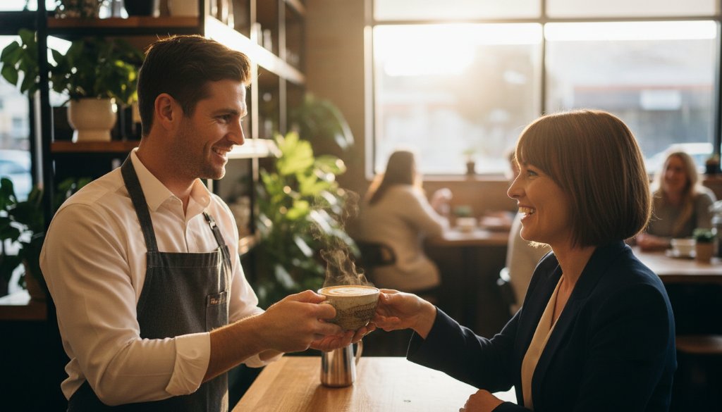 An epic moment captured in Blackburn South, showing a local café owner proudly presenting a perfectly crafted latte to a smiling customer, bathed in warm, cinematic morning light. The scene highlights the professionalism and community spirit fostered by Blackburn South commercial photography impact, with natural textures and vibrant colours.