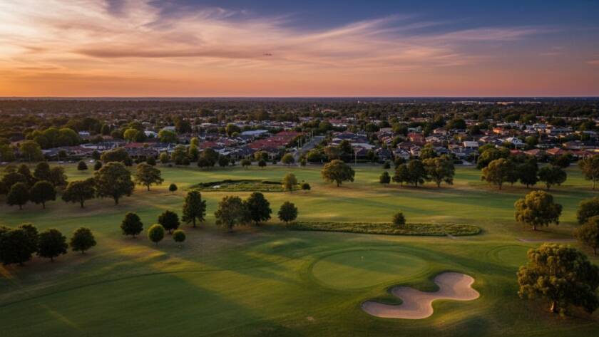 Dramatic aerial view of Blackburn South featuring Box Hill Golf Club and residential rooftops at sunset, captured using Blackburn South drone photography for stunning Victorian aerials, showcasing the area's lush greenery and urban sprawl.