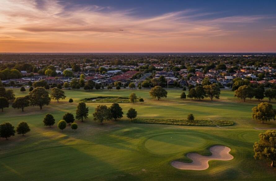 Dramatic aerial view of Blackburn South featuring Box Hill Golf Club and residential rooftops at sunset, captured using Blackburn South drone photography for stunning Victorian aerials, showcasing the area's lush greenery and urban sprawl.