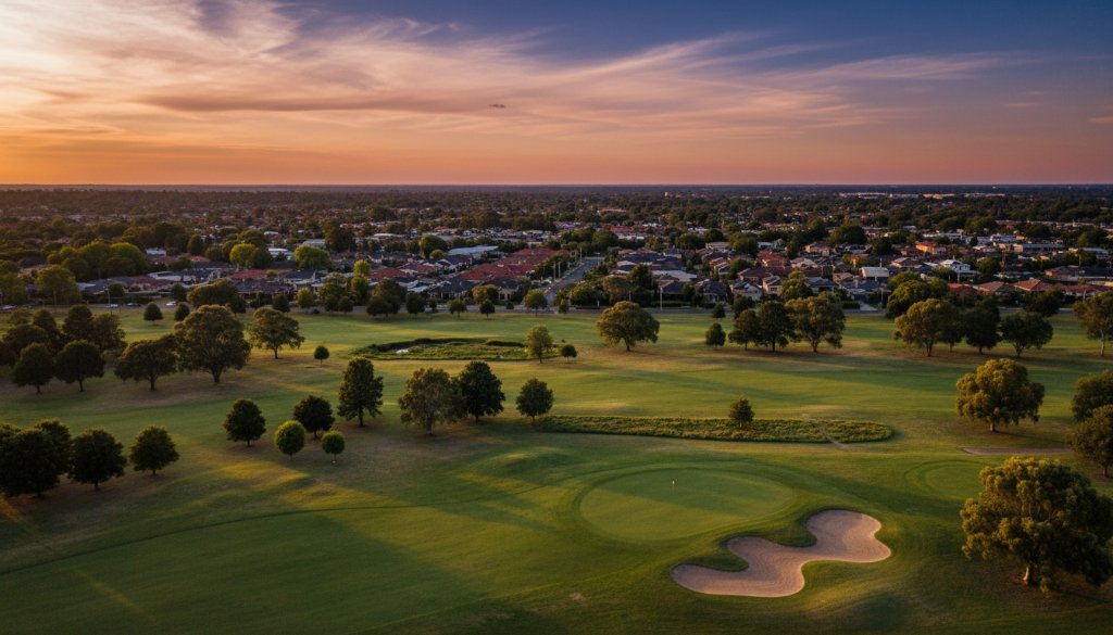 Dramatic aerial view of Blackburn South featuring Box Hill Golf Club and residential rooftops at sunset, captured using Blackburn South drone photography for stunning Victorian aerials, showcasing the area's lush greenery and urban sprawl.