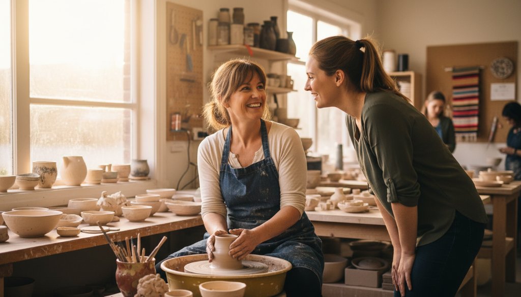 A dynamic, cinematic close-up shot of a local small business owner in Blackburn South, mid-conversation with a customer, surrounded by their artisanal products, captured with dramatic, natural light streaming through a window, highlighting the genuine connection and brand story. This Blackburn South editorial photography for local business narratives emphasizes authentic interaction and the unique charm of the enterprise.