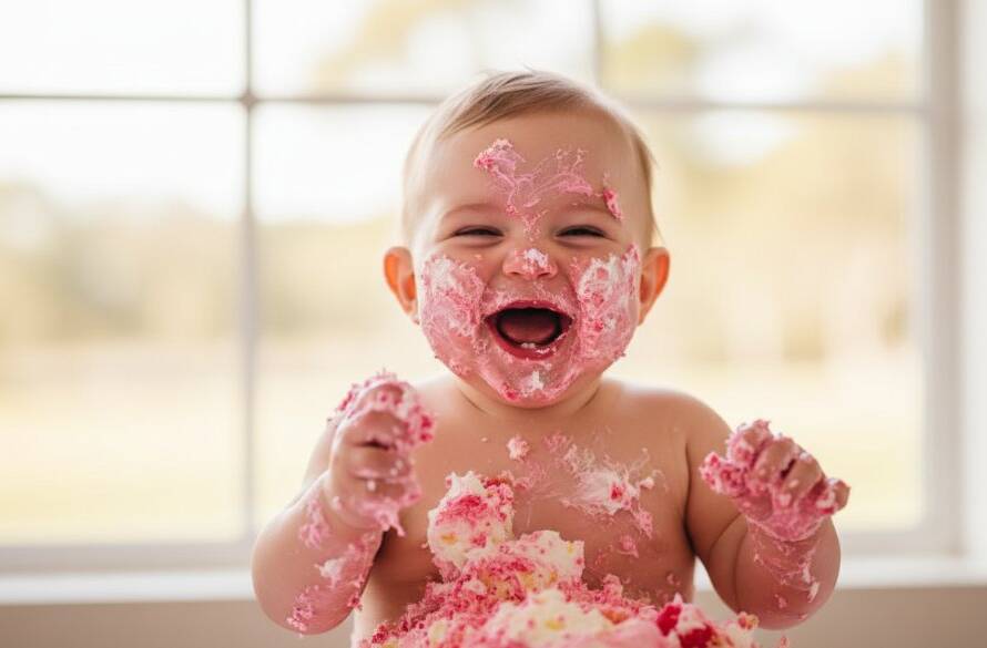 A vibrant, professionally colour-graded photograph capturing an 'epic moment' of a baby joyfully smashing a birthday cake during a Blackburn South first birthday cake smash photography session, with dramatic backlighting highlighting the cake crumbs and happy expression.
