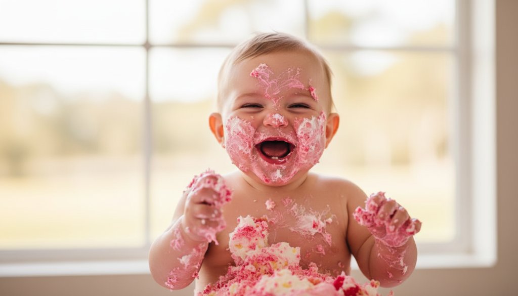 A vibrant, professionally colour-graded photograph capturing an 'epic moment' of a baby joyfully smashing a birthday cake during a Blackburn South first birthday cake smash photography session, with dramatic backlighting highlighting the cake crumbs and happy expression.