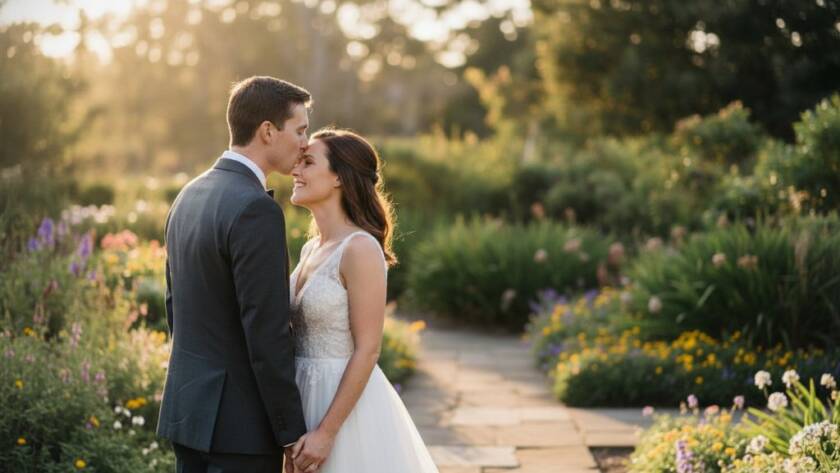 An emotional, cinematic photograph by Blackburn South garden wedding photography experts, capturing a newlywed couple embracing amidst golden hour light in a lush garden in Blackburn South, showing genuine joy and a tender connection.