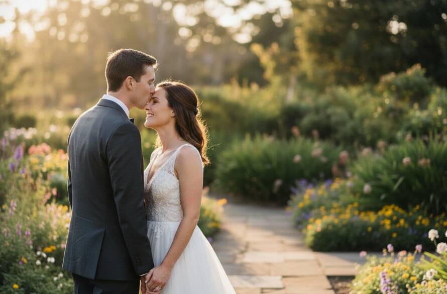 An emotional, cinematic photograph by Blackburn South garden wedding photography experts, capturing a newlywed couple embracing amidst golden hour light in a lush garden in Blackburn South, showing genuine joy and a tender connection.