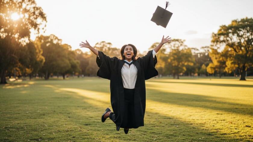 An epic moment of a smiling graduate in their cap and gown, tossing their cap joyfully against a vibrant, sun-drenched backdrop in Blackburn South, celebrating their academic achievement. The focus keyphrase 'Blackburn South graduation photography celebration moments' is central to this professional, colour-graded image.