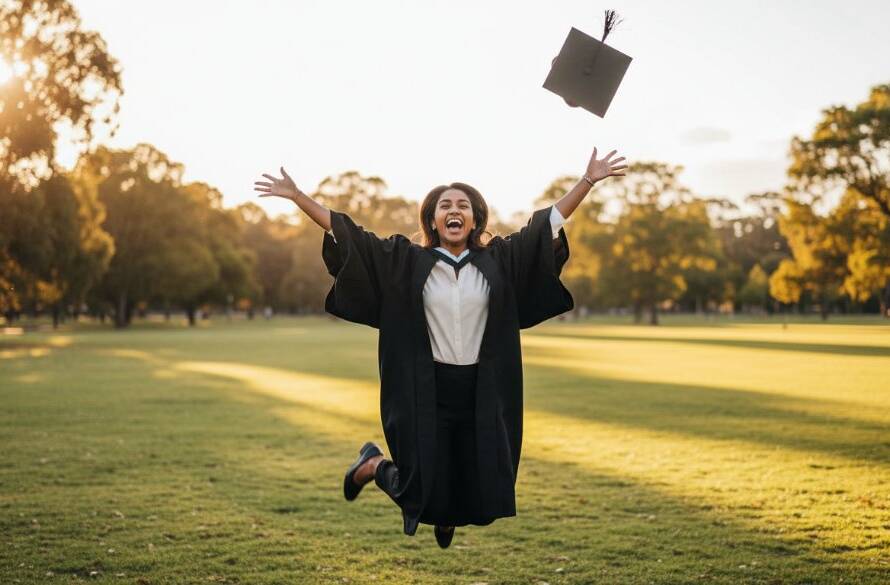 An epic moment of a smiling graduate in their cap and gown, tossing their cap joyfully against a vibrant, sun-drenched backdrop in Blackburn South, celebrating their academic achievement. The focus keyphrase 'Blackburn South graduation photography celebration moments' is central to this professional, colour-graded image.
