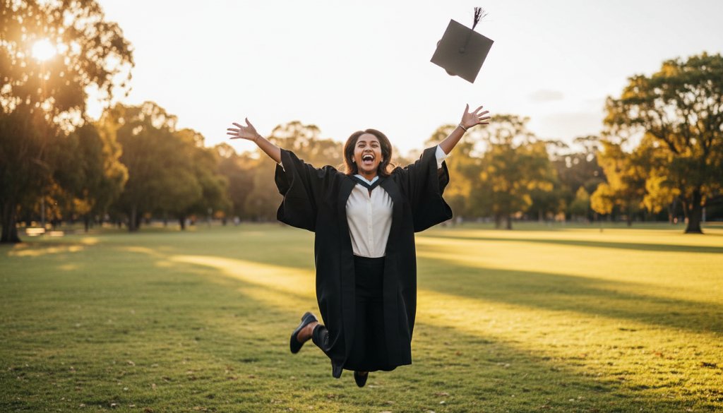 An epic moment of a smiling graduate in their cap and gown, tossing their cap joyfully against a vibrant, sun-drenched backdrop in Blackburn South, celebrating their academic achievement. The focus keyphrase 'Blackburn South graduation photography celebration moments' is central to this professional, colour-graded image.