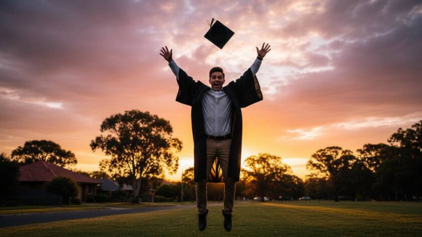 An epic, wide-angle shot of a jubilant graduating student in Blackburn South, mid-air after tossing their cap, silhouetted against a dramatic, golden hour sunset. This powerful Blackburn South graduation photography memorable moment captures triumph and joy with a cinematic feel.