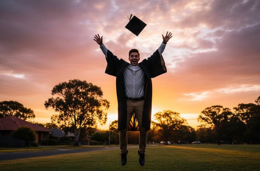 An epic, wide-angle shot of a jubilant graduating student in Blackburn South, mid-air after tossing their cap, silhouetted against a dramatic, golden hour sunset. This powerful Blackburn South graduation photography memorable moment captures triumph and joy with a cinematic feel.