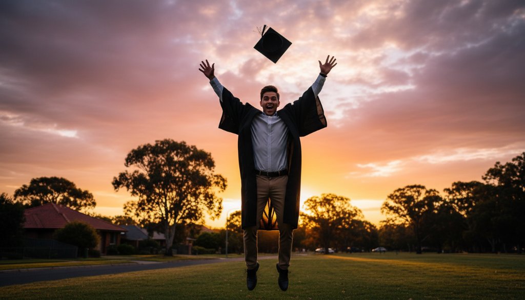 An epic, wide-angle shot of a jubilant graduating student in Blackburn South, mid-air after tossing their cap, silhouetted against a dramatic, golden hour sunset. This powerful Blackburn South graduation photography memorable moment captures triumph and joy with a cinematic feel.