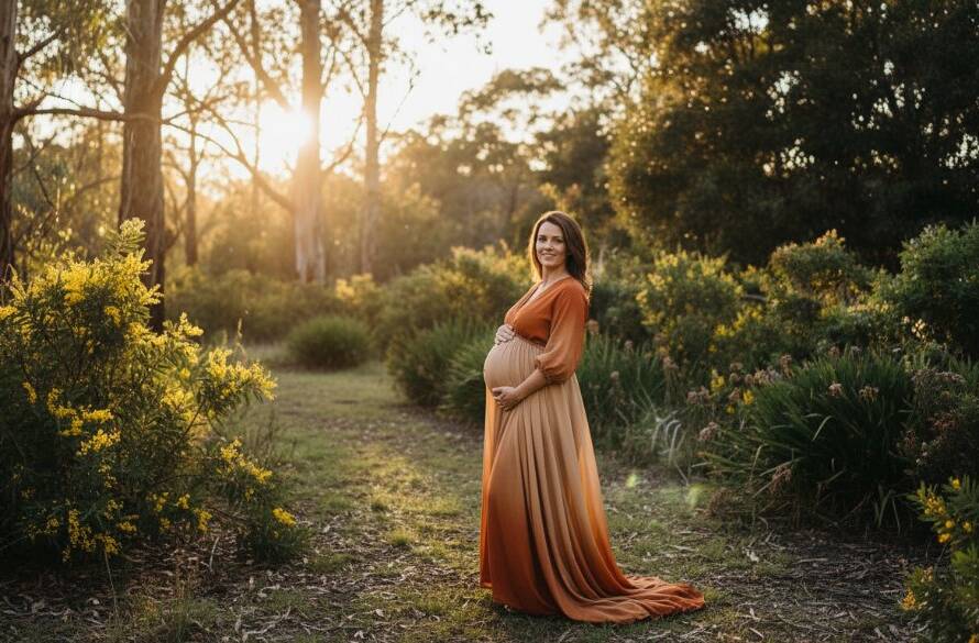 An ethereal Blackheath South maternity photoshoot Victoria natural light scene, featuring a glowing pregnant woman in a flowing gown standing amongst blooming native Australian flora at sunset. Soft, golden hour light bathes her, highlighting her baby bump and serene expression. The shot is wide, capturing the beautiful natural environment as an 'epic moment' professional photograph with dramatic lighting and warm colour grading.
