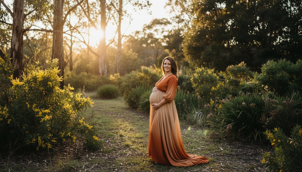 An ethereal Blackheath South maternity photoshoot Victoria natural light scene, featuring a glowing pregnant woman in a flowing gown standing amongst blooming native Australian flora at sunset. Soft, golden hour light bathes her, highlighting her baby bump and serene expression. The shot is wide, capturing the beautiful natural environment as an 'epic moment' professional photograph with dramatic lighting and warm colour grading.