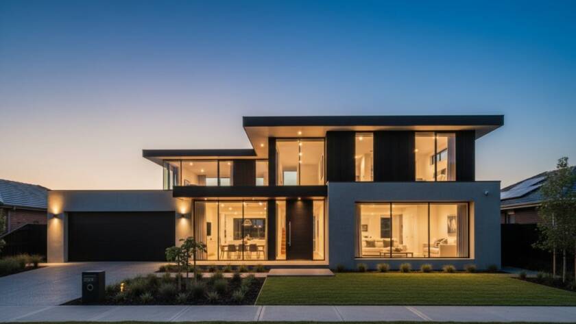 Dynamic wide-angle view showcasing Blackburn South modern architectural photography insights, highlighting a striking contemporary home at dusk with warm interior lights contrasting against the cool blue sky, captured with dramatic flair.