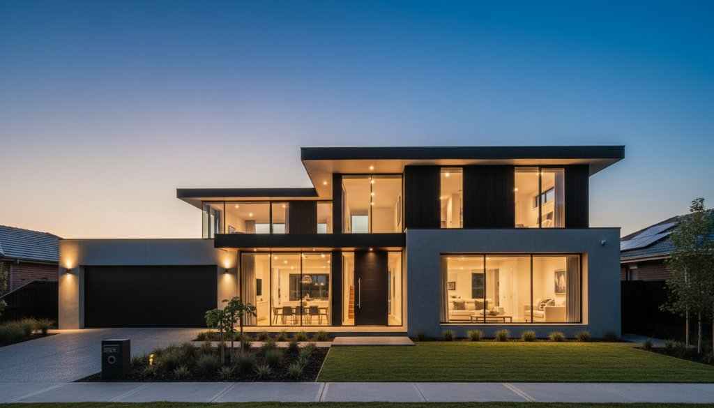 Dynamic wide-angle view showcasing Blackburn South modern architectural photography insights, highlighting a striking contemporary home at dusk with warm interior lights contrasting against the cool blue sky, captured with dramatic flair.
