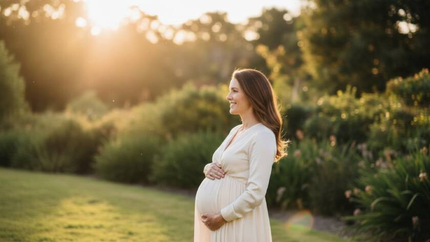 A stunning, golden hour portrait of a pregnant woman in Blackburn South, capturing her radiant silhouette against a warm, sun-drenched natural backdrop, showcasing beautiful Blackburn South natural light maternity photography with a sense of peace and anticipation.