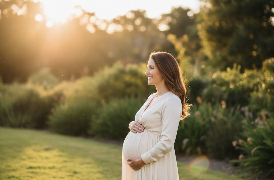 A stunning, golden hour portrait of a pregnant woman in Blackburn South, capturing her radiant silhouette against a warm, sun-drenched natural backdrop, showcasing beautiful Blackburn South natural light maternity photography with a sense of peace and anticipation.