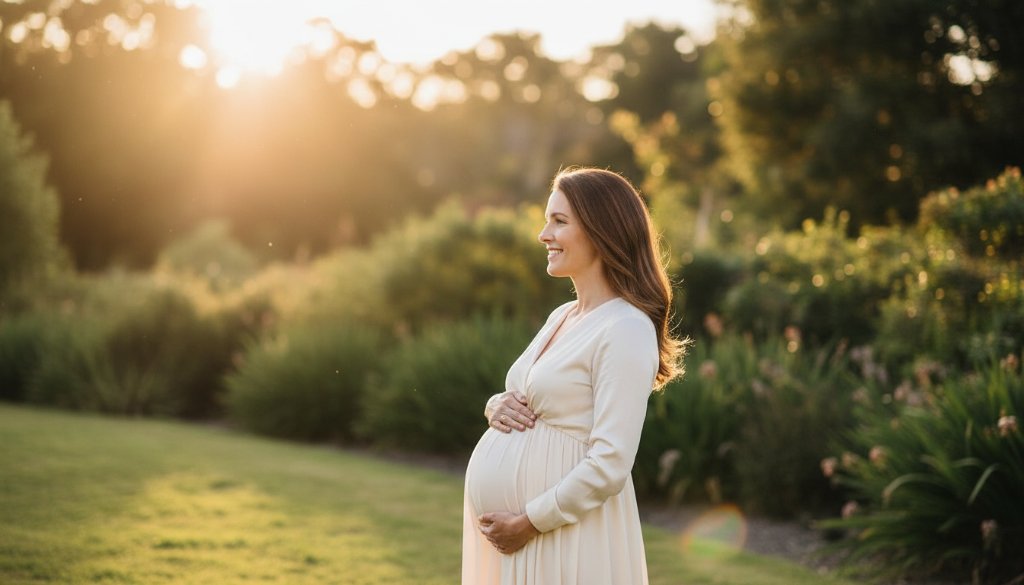 A stunning, golden hour portrait of a pregnant woman in Blackburn South, capturing her radiant silhouette against a warm, sun-drenched natural backdrop, showcasing beautiful Blackburn South natural light maternity photography with a sense of peace and anticipation.