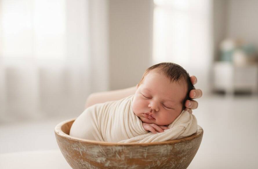 A heartwarming 'Blackburn South Newborn Photography Cherished First Moments' capture: a sleeping newborn nestled peacefully in a soft, light-filled basket, with parents' hands gently cradling, evoking a sense of calm and profound love. Dramatic, professional lighting highlights their tiny features against a soft, dreamy backdrop, expertly colour graded for a timeless, artistic feel.