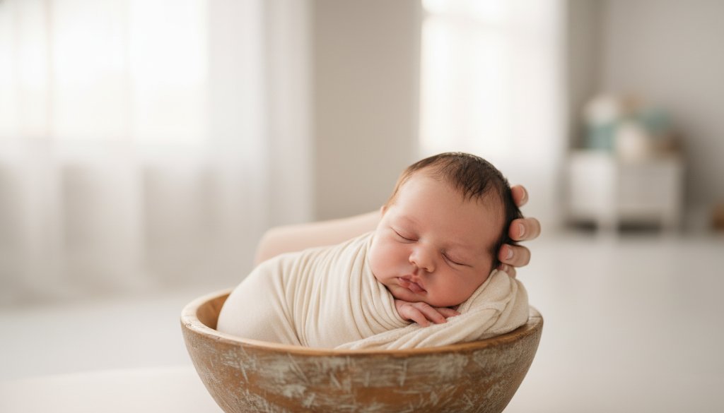 A heartwarming 'Blackburn South Newborn Photography Cherished First Moments' capture: a sleeping newborn nestled peacefully in a soft, light-filled basket, with parents' hands gently cradling, evoking a sense of calm and profound love. Dramatic, professional lighting highlights their tiny features against a soft, dreamy backdrop, expertly colour graded for a timeless, artistic feel.