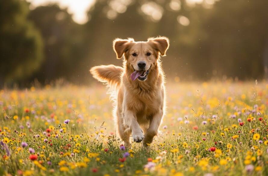 An adorable golden retriever puppy mid-leap, playing in a sun-dappled park in Blackburn South, bathed in golden hour light, expertly captured by Blackburn South pet photography capturing cherished canine moments, conveying pure joy.