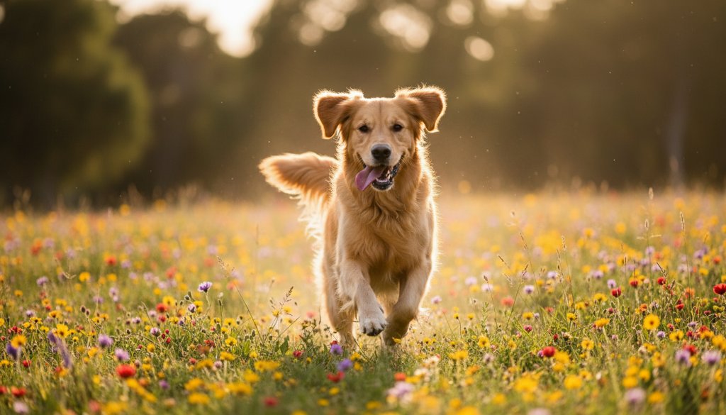 An adorable golden retriever puppy mid-leap, playing in a sun-dappled park in Blackburn South, bathed in golden hour light, expertly captured by Blackburn South pet photography capturing cherished canine moments, conveying pure joy.