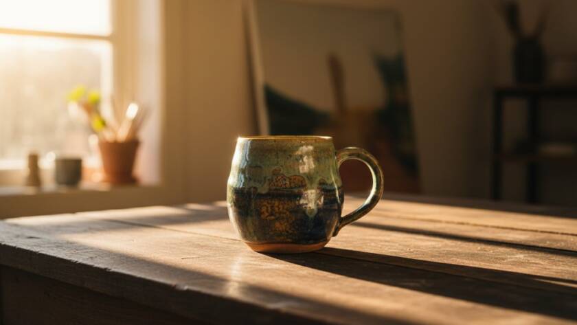 Dramatic, cinematic shot showcasing professional product photography in action in Blackburn South, Victoria, with a local artisan's handcrafted item bathed in golden light against a subtly blurred urban backdrop, capturing the essence of 'Blackburn South professional product photography solutions'.
