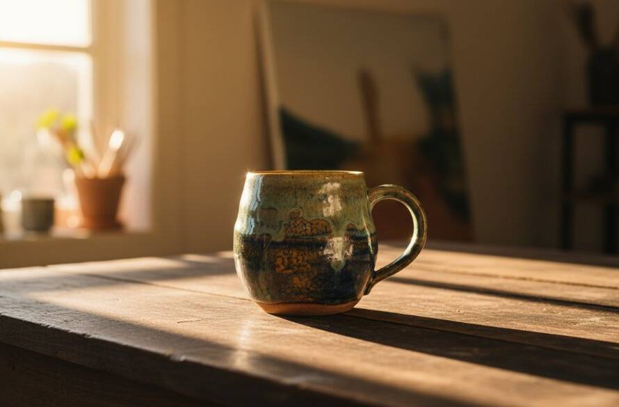 Dramatic, cinematic shot showcasing professional product photography in action in Blackburn South, Victoria, with a local artisan's handcrafted item bathed in golden light against a subtly blurred urban backdrop, capturing the essence of 'Blackburn South professional product photography solutions'.